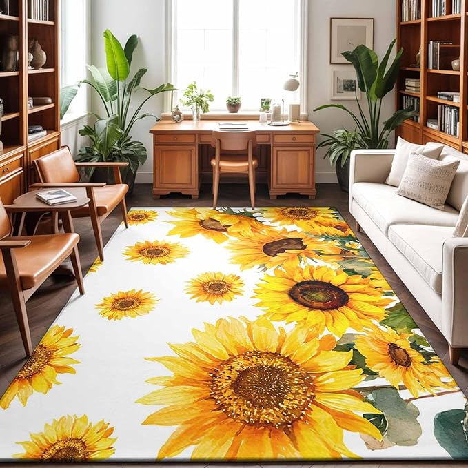 Area Rug 8x10ft, Summer Pastoral Sunflower Washable Rugs for Living Room Bedroom, Farmhouse Yellow Flower Soft Non-Slip Area Rugs Rectangle Floor Carpet for Dining Room