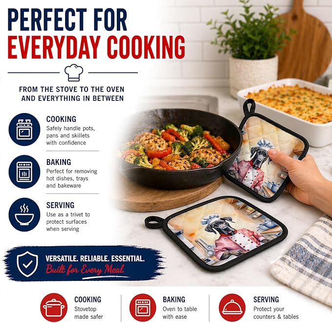 Caroline's Treasures Great Dane The Chef Pair of Pot Holders Kitchen Heat Resistant Pot Holders Sets Oven Hot Pads for Cooking Baking BBQ, 7 1/2 x 7 1/2