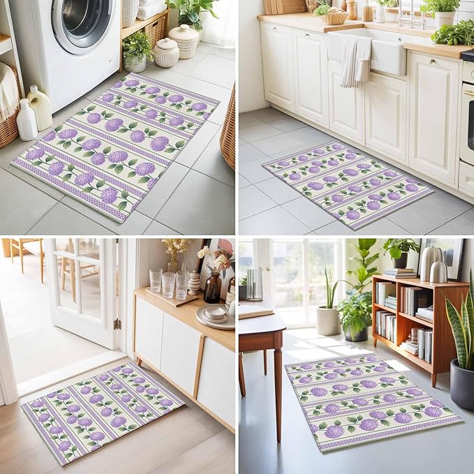 Area Rug 2x3ft, Watercolor Hydrangea Flower Washable Rugs for Living Room Bedroom, Spring Floral Leaves on Linen Soft Non-Slip Area Rugs Rectangle Floor Carpet for Dining Room