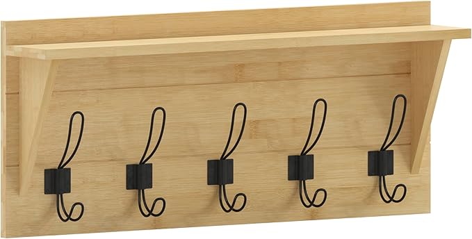 Flash Furniture Daly Wall Mounted Storage Rack - Bamboo Solid Pine Wood - 24 Inch - Upper Shelf and 5 Hooks - For Entryway, Kitchen, Bathroom