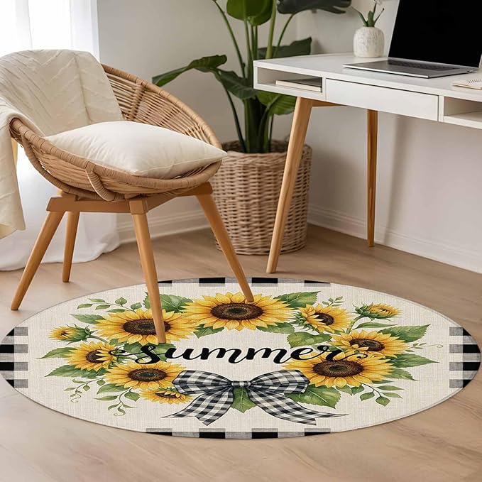 Washable Round Area Rug Summer Words Farm Sunflowers Circle Rugs Floor Carpet for Living Room Bedroom, Butterflies Country Floral Soft Non Slip Round Rug 3ft
