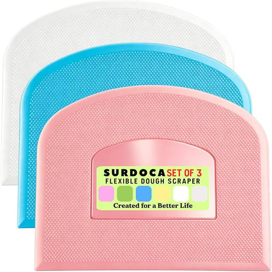 SURDOCA Dough Scraper Bench Scraper - 3P 4.7x3.7" Plastic Flexible Bowl Scraper, Sharp Edge & Angles Cake Scraper. Non-Slip Bakeware Decorating Tools Sculpting & Modeling Tools - Blue+White+Pink