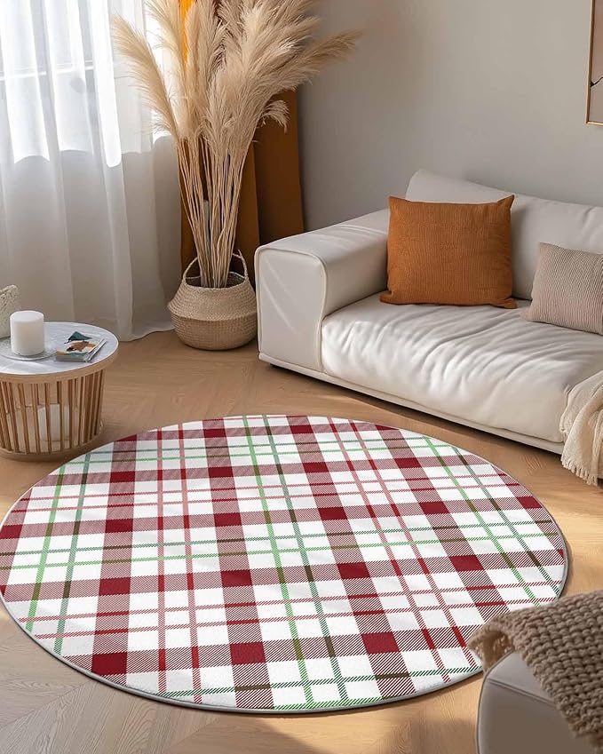 Round Area Rug,Merry Christmas Red Buffalo Plaid Circle Living Room Rug Non-Slip Rugs Indoor Carpet,Green Gradient Stripe Art Soft Comfort Rugs for Bedroom KidsRoom Nursery