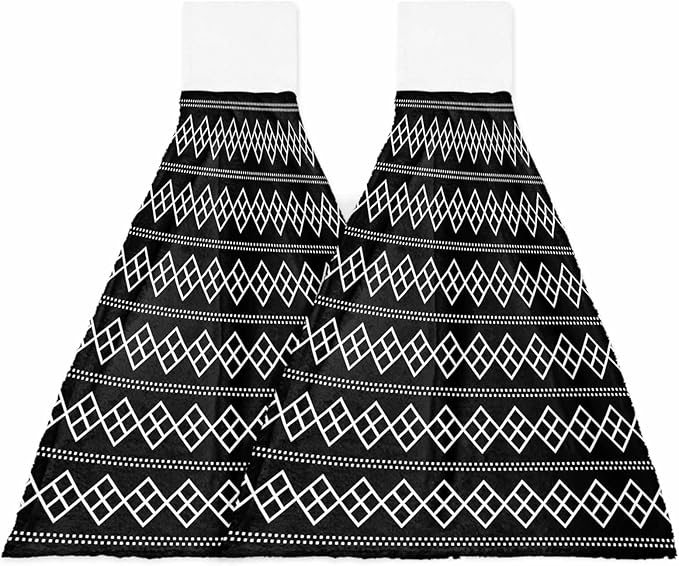 Alandar Home Kitchen Tie Towel Set of 2, Black White Minimalist Geometric Art Absorbent Soft Hand Towels for Bathroom Hanging Towels, Modern Square Dotted Line Fast Drying Cleaning Cloth with Loop