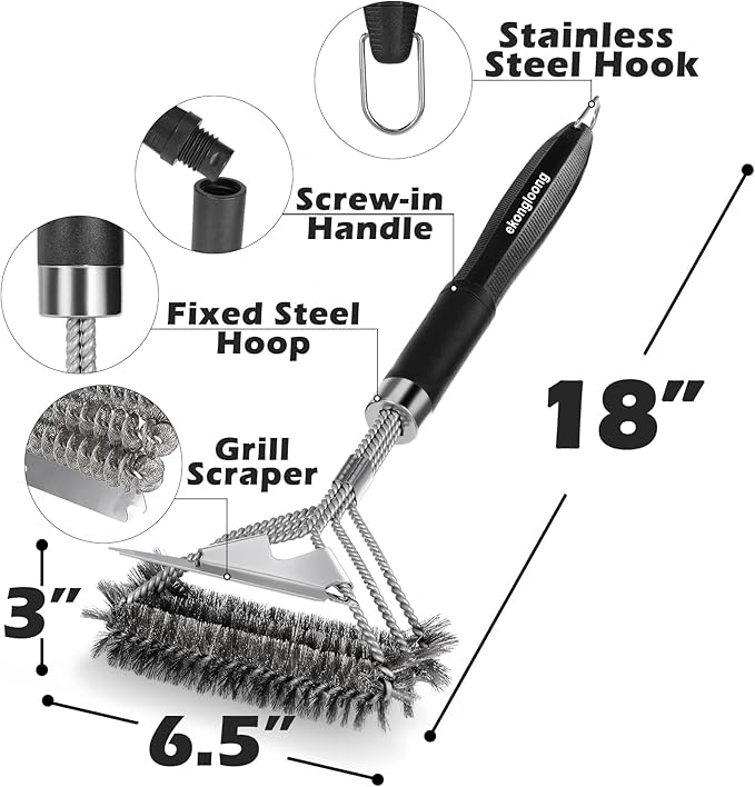 18" Heavy Duty BBQ Grill Brush and Scraper Set, 2-in-1 Safe Bristle Free Grill Cleaner & Strong Wire Brush, Professional Grill Scraper for Outdoor Gas Charcoal Grills, Deep Cleaning BBQ Tools
