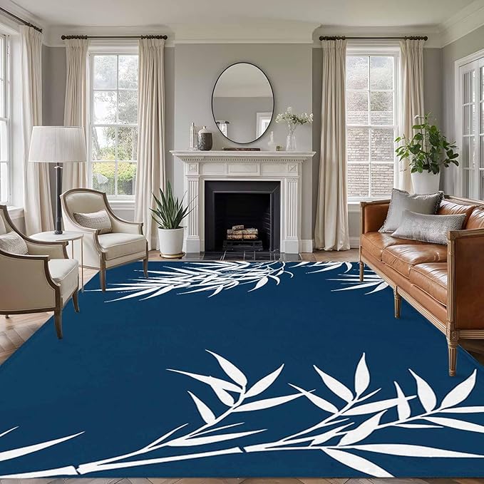 Area Rug 8x10ft, Country Leaf on Dark Blue Washable Rugs for Living Room Bedroom, Botanical Silhouette Minimalist Style Soft Non-Slip Area Rugs Rectangle Floor Carpet for Dining Room