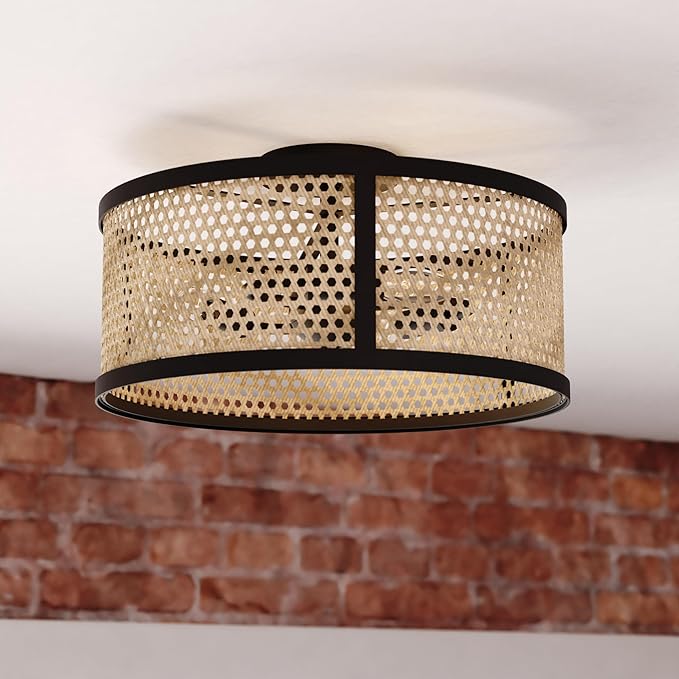 VAXCEL Berens 15.5-in W Matte Black Modern Farmhouse Drum Semi Flush Mount Ceiling Light with Rattan Cane Shade