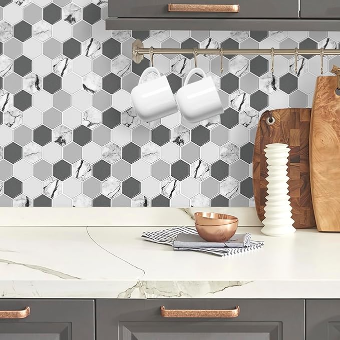 Décor Wow Peel & Stick Backsplash for Kitchen & Bathroom White & Grey Hexagon, 1 sq ft (8-Pack)
