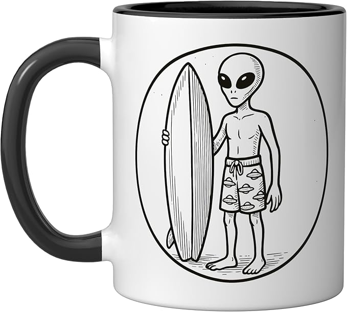 Alien with Surfboard Ceramic Mug, Black/White