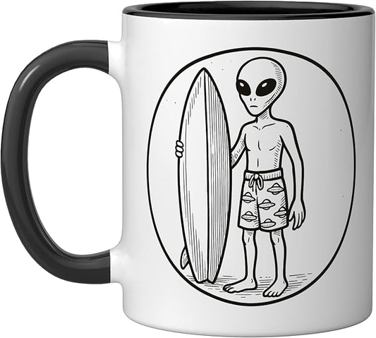 Alien with Surfboard Ceramic Mug, Black/White