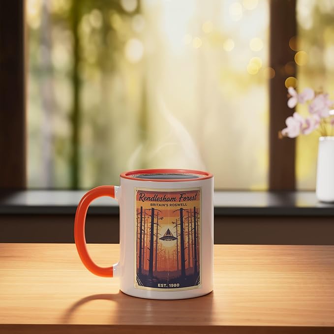 Rendlesham Forest UFO Alien Vintage UK Flying Saucer Ceramic Mug, Orange/White