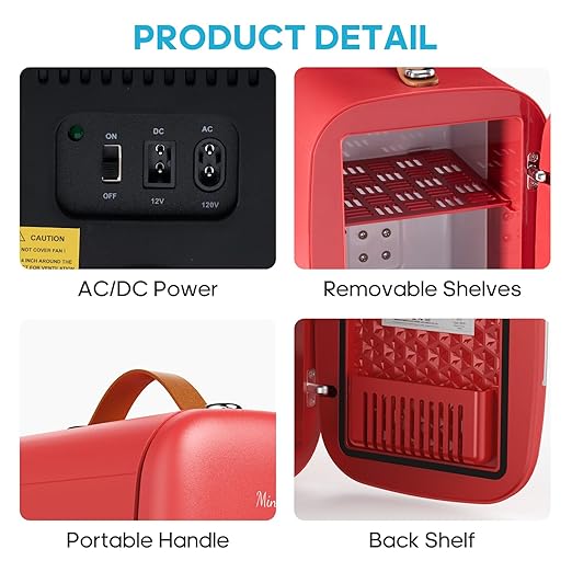 DUMOS Mini Fridge for Bedroom, 4L Compact Personal Fridge Cooler For Skincare, Drinks, And Snacks, Fits 6 Cans, Mini Refrigerator with 110V Ac/12V Dc, Ideal For Car, Dorm, Red