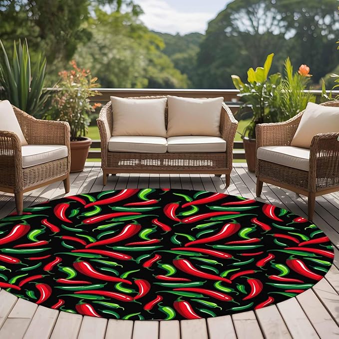 Washable Round Area Rug Spicy Chili Pepper Pattern Circle Rugs Floor Carpet for Living Room Bedroom, Red Green Peppers on Black Soft Non Slip Round Rug 5ft