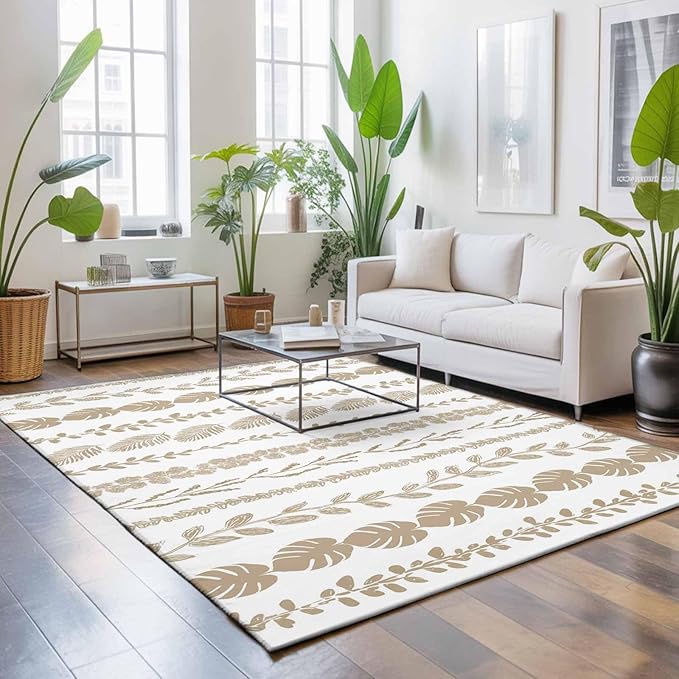 Area Rug 8x10ft, Farmhouse Monstera Leaf Seamless Washable Rugs for Living Room Bedroom, Summer Rustic Abstract Leaves Soft Non-Slip Area Rugs Rectangle Floor Carpet for Dining Room