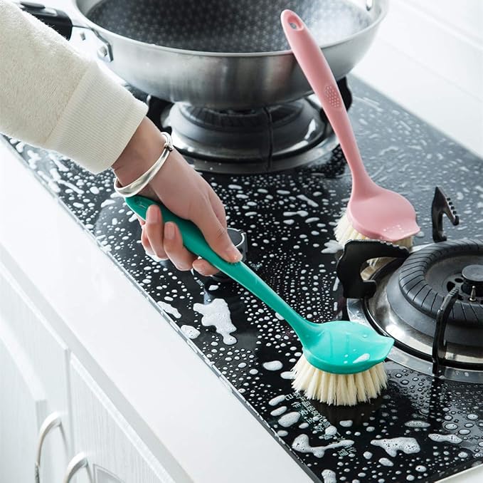 Kitchen Scrub Brush Sink Bathroom Brushes with Scraper Tip Comfortable Grip Odourless Bristles for Pot Pan Cast Iron Skillet Dishes Cleaning,Soft and Scratch Free. 2-Pack