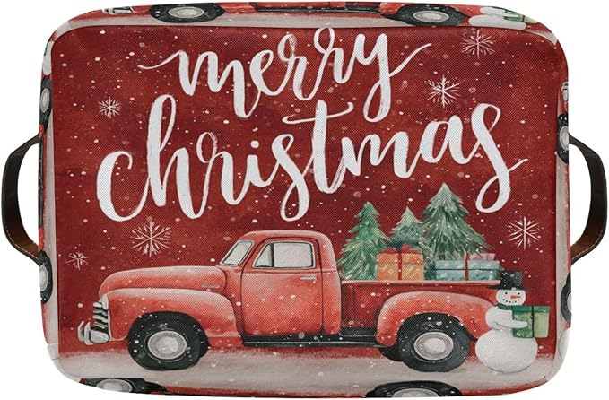 Christmas Red Snowman Truck Print Rectangular Storage Bin Basket with Handles - Laundry Storage Basket Organizer Bins for Pets Room Books Closet