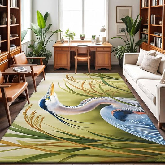 Area Rug 3x5ft, Natural Bird Wetland Landscape Washable Rugs for Living Room Bedroom, Wild Heron Grass Soft Non-Slip Area Rugs Rectangle Floor Carpet for Dining Room
