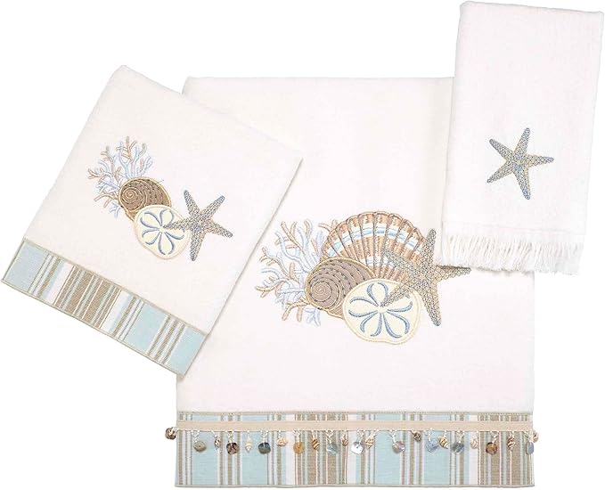 Avanti Linens - 3pc Towel Set, Soft & Absorbent Cotton, Coastal Home Decor (By the Sea Collection, White)