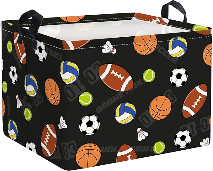 Sports Balls Baby Laundry Hamper Collapsible Clothes Kids Storage Basket Large Boys Gift Toy Box Bin for Play Room, Black, 36L