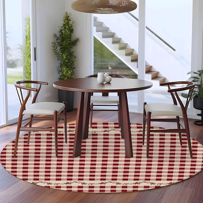 Washable Round Area Rug Vintage Red Buffalo Plaid Berry Circle Rugs Floor Carpet for Living Room Bedroom, Farmhouse Western Star Soft Non Slip Round Rug 5ft