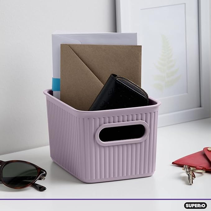 Superio Decorative Plastic Basket Open Home Storage Bins Organizer Baskets, Small, Lilac (8 Pack) Container Boxes for Organizing Closet Storage Bins for Shelves Drawer Shelf, 1.5 Liter