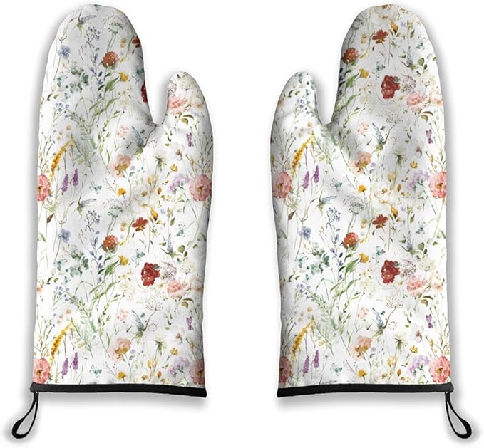 Oven Mitts Watercolor Flowers Heat Resistant Wear-resistant Easy Clean Grill Gloves with Thick Cotton Liner for Grilling Cooking Baking 2PCS