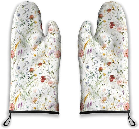 Oven Mitts Watercolor Flowers Heat Resistant Wear-resistant Easy Clean Grill Gloves with Thick Cotton Liner for Grilling Cooking Baking 2PCS