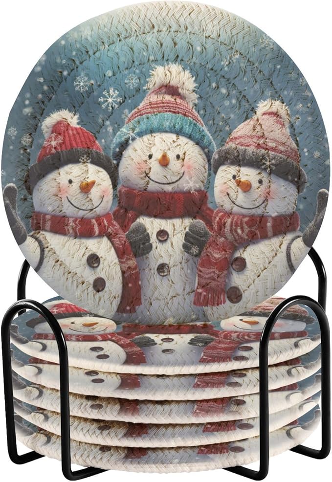YETTASBIN Christmas Snowman 6 Pcs Drink Coasters with Holder, Cotton Woven Absorbent Heat-Resistant Round Coaster Set Tabletop Protector for Kitchen Bar Home Decor Housewarming Gift, 3.9 in