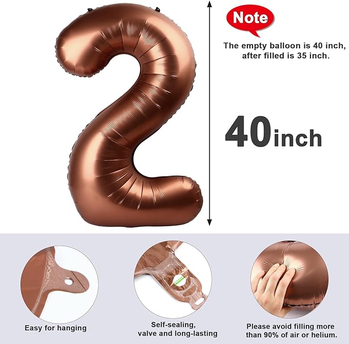 Numbers Balloon 40 Inch Giant 2 for Girl Boy Men Women, Coffee Brown Balloon Number for 2025 Graduation Decoration, Balloons for 2nd 12 21st Party Birthday Celebration Decorations Anniversary