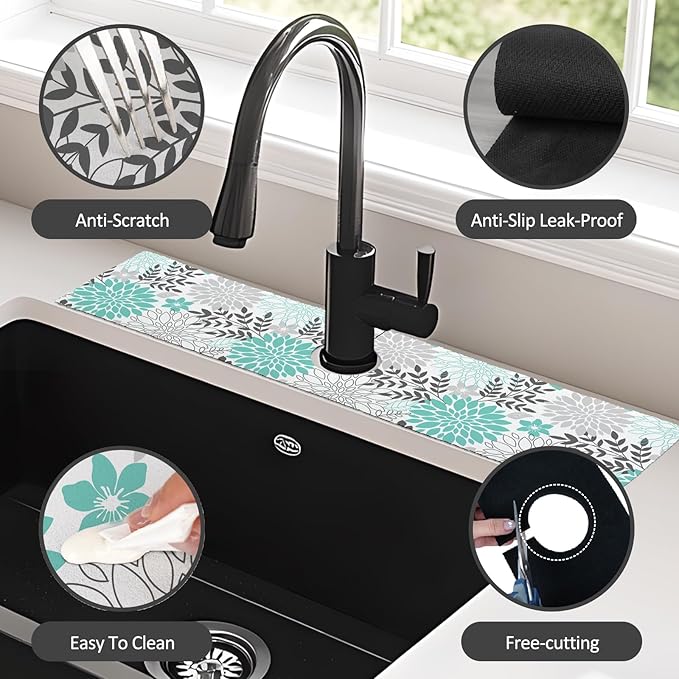 24" X 5.5" Kitchen Sink Splash Guard Faucet Mat Flora Super Absorbent Fast Drying Faucet Guard & Draining Mat Sink Splash Guard Behind Faucet for Kitchen, Bathroom
