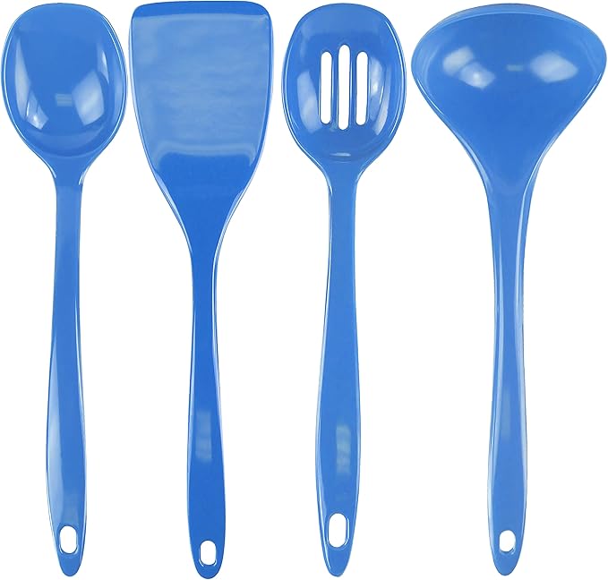 Reston Lloyd 100% Melamine Kitchen Utensil Set, Non Scratching Ladle, Spoon, Slotted Spoon & Spatula, Easy To Hold, Set of 4, Azure