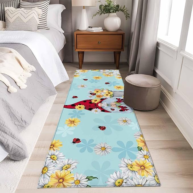 Runner Rug for Bedroom Hallway, Summer Ladybug Gnome Daisy Flower Kitchen Runner Rugs Area Rug 2x6ft, Watercolor Bloom Floral on Blue Washable Soft Floor Carpet for Entryway Stair