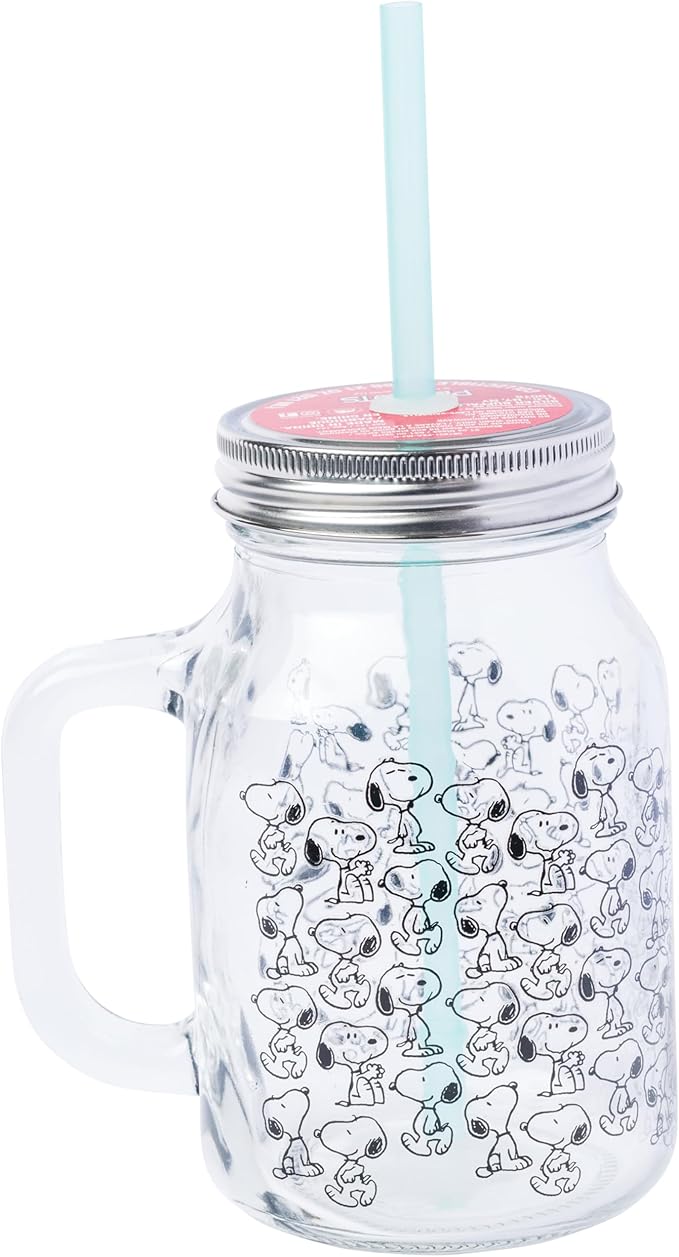 Silver Buffalo Peanuts Snoopy Glass Jar with Lid and Straw, 21 Ounces