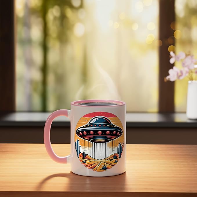 Retro UFO Desert Abduction Scene | Vintage Sci-Fi Ceramic Mug, Pink/White