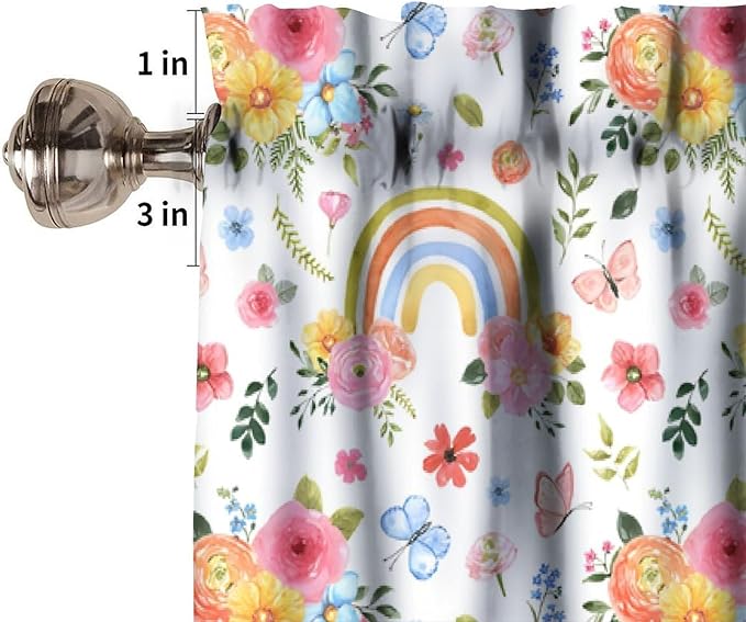 Rainbow Floral Valance, Watercolor Boho Rainbow Flowers Butterfly Print Short Window Treatment for Kitchen Dining Room Bedroom Nursery, 54x18Inch