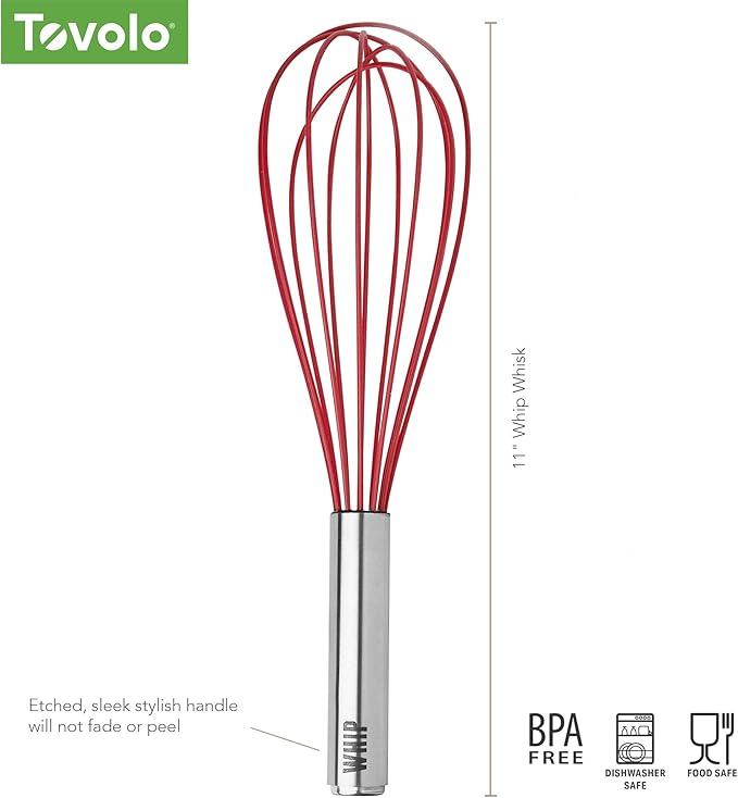 Tovolo Balloon Whisk 11 in Whip Whisk for Cooking Blending Mixing Stirring Whipping Beating, Dishwasher Safe Silicone Coated Wire Handheld Large Heavy Duty Multi Function Whip Whisking, Cayenne Red