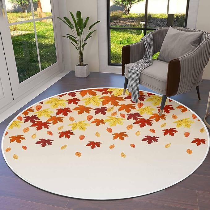 Round Area Rug,Fall Orange Maple Leaf Watercolor Circle Living Room Rug Non-Slip Rugs Indoor Carpet,Thanksgiving Fallen Leaves Seamless Soft Comfort Rugs for Bedroom KidsRoom Nursery
