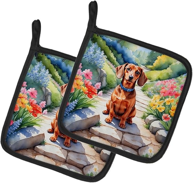Caroline's Treasures Dachshund Spring Path Pair of Pot Holders Kitchen Heat Resistant Pot Holders Sets Oven Hot Pads for Cooking Baking BBQ, 7 1/2 x 7 1/2