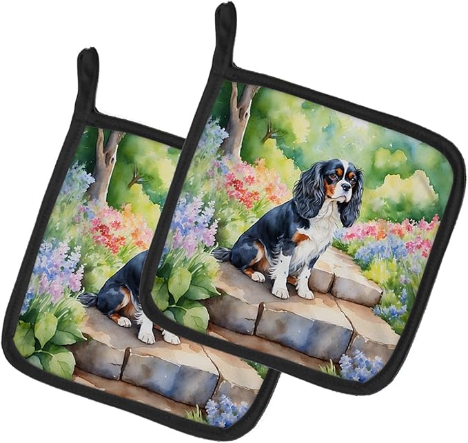 Caroline's Treasures Cavalier Spaniel Spring Path Pair of Pot Holders Kitchen Heat Resistant Pot Holders Sets Oven Hot Pads for Cooking Baking BBQ, 7 1/2 x 7 1/2