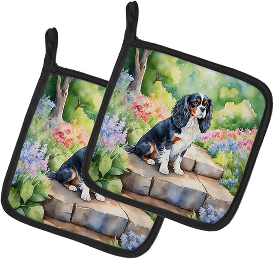 Caroline's Treasures Cavalier Spaniel Spring Path Pair of Pot Holders Kitchen Heat Resistant Pot Holders Sets Oven Hot Pads for Cooking Baking BBQ, 7 1/2 x 7 1/2