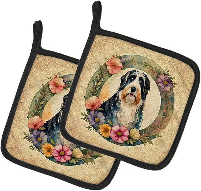 Caroline's Treasures Bearded Collie and Flowers Pair of Pot Holders Kitchen Heat Resistant Pot Holders Sets Oven Hot Pads for Cooking Baking BBQ, 7 1/2 x 7 1/2