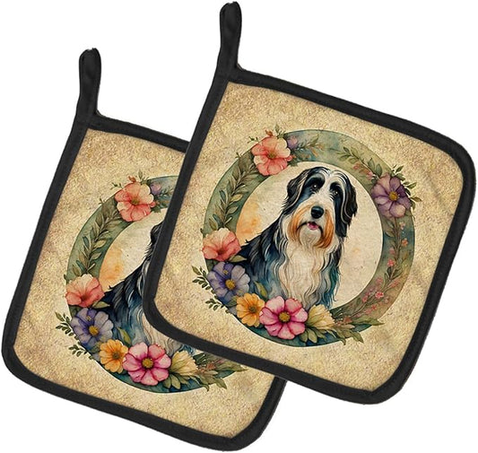 Caroline's Treasures Bearded Collie and Flowers Pair of Pot Holders Kitchen Heat Resistant Pot Holders Sets Oven Hot Pads for Cooking Baking BBQ, 7 1/2 x 7 1/2
