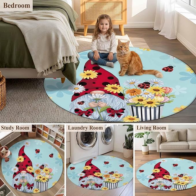 Washable Round Area Rug Summer Ladybug Gnome Daisy Flower Circle Rugs Floor Carpet for Living Room Bedroom, Watercolor Bloom Floral on Blue Soft Non Slip Round Rug 4ft