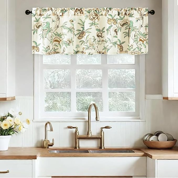 Leeva Short Floral Valance Curtain for Bedroom – Linen Textured Window Treatment Panel for Dining Room, Light Filtering Rod Pocket Drapery, 60 Inches Wide x 18 Inches Long