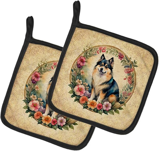 Caroline's Treasures Finnish Lapphund and Flowers Pair of Pot Holders Kitchen Heat Resistant Pot Holders Sets Oven Hot Pads for Cooking Baking BBQ, 7 1/2 x 7 1/2