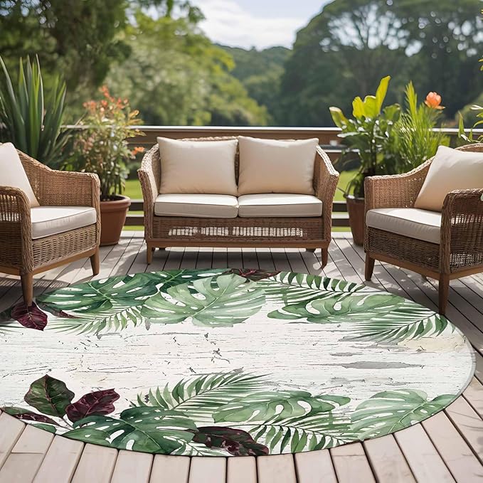 Washable Round Area Rug Summer Green Monstera Palm Leaves Circle Rugs Floor Carpet for Living Room Bedroom, Vintage Botantical Soft Non Slip Round Rug 5ft