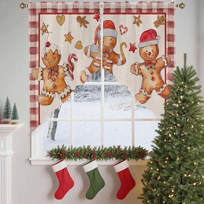 Christmas Swag Valance Curains Watercolor Ginger Bread Man Linen Texture Rod Pocket Kitchen Curtains Scalloped Window Treatment Valances Swag for Living Room Bedroom, 1 Pair, 36"W x 36"L