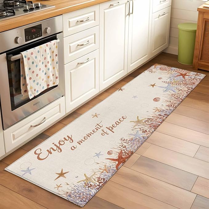 Runner Rug for Bedroom Hallway, Orange Marine Starfish Coral Seaweed Kitchen Runner Rugs Area Rug 2x6ft, Peace Quote on Linen Washable Soft Floor Carpet for Entryway Stair