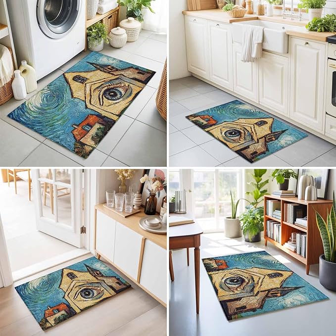 Area Rug 2x3ft, Abstract Farmhouse Starry Night Eye Washable Rugs for Living Room Bedroom, Rustic Oil Painting Art Soft Non-Slip Area Rugs Rectangle Floor Carpet for Dining Room