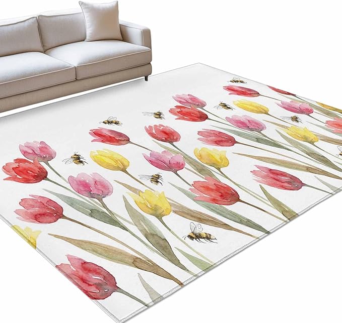 Area Rug 3x5ft, Red Pink Yellow Tulips Bees Washable Rugs for Living Room Bedroom, Watercolor Flower Leaves Soft Non-Slip Area Rugs Rectangle Floor Carpet for Dining Room